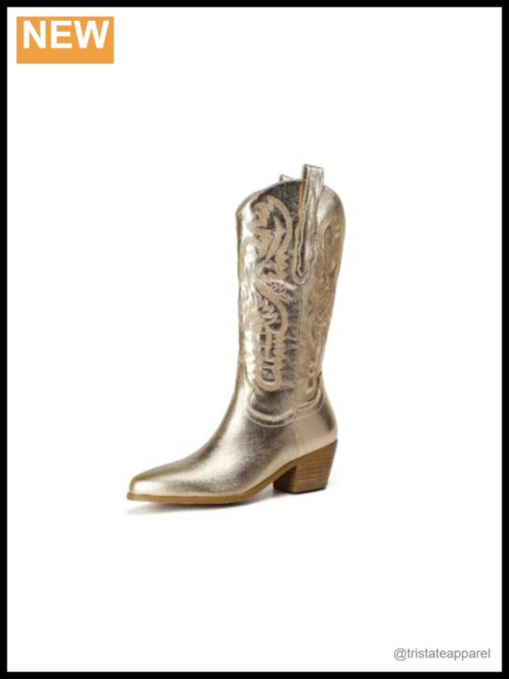 Faux Leather Embossed Western Cowboy Boots for Women Chunky Heel Knee-High